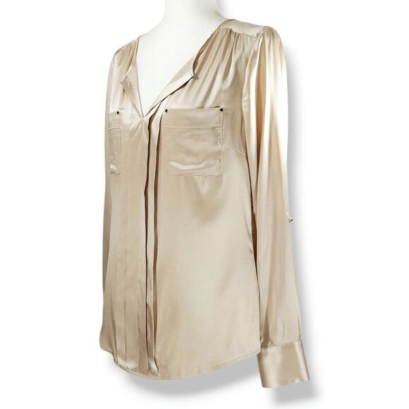 White House Black Market Tops - White House Black Market Silk Stretch V-Neck Popover Blouse Champagne Cuffed 8